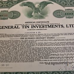 General Tin Investment LTD. 100 shares certificate