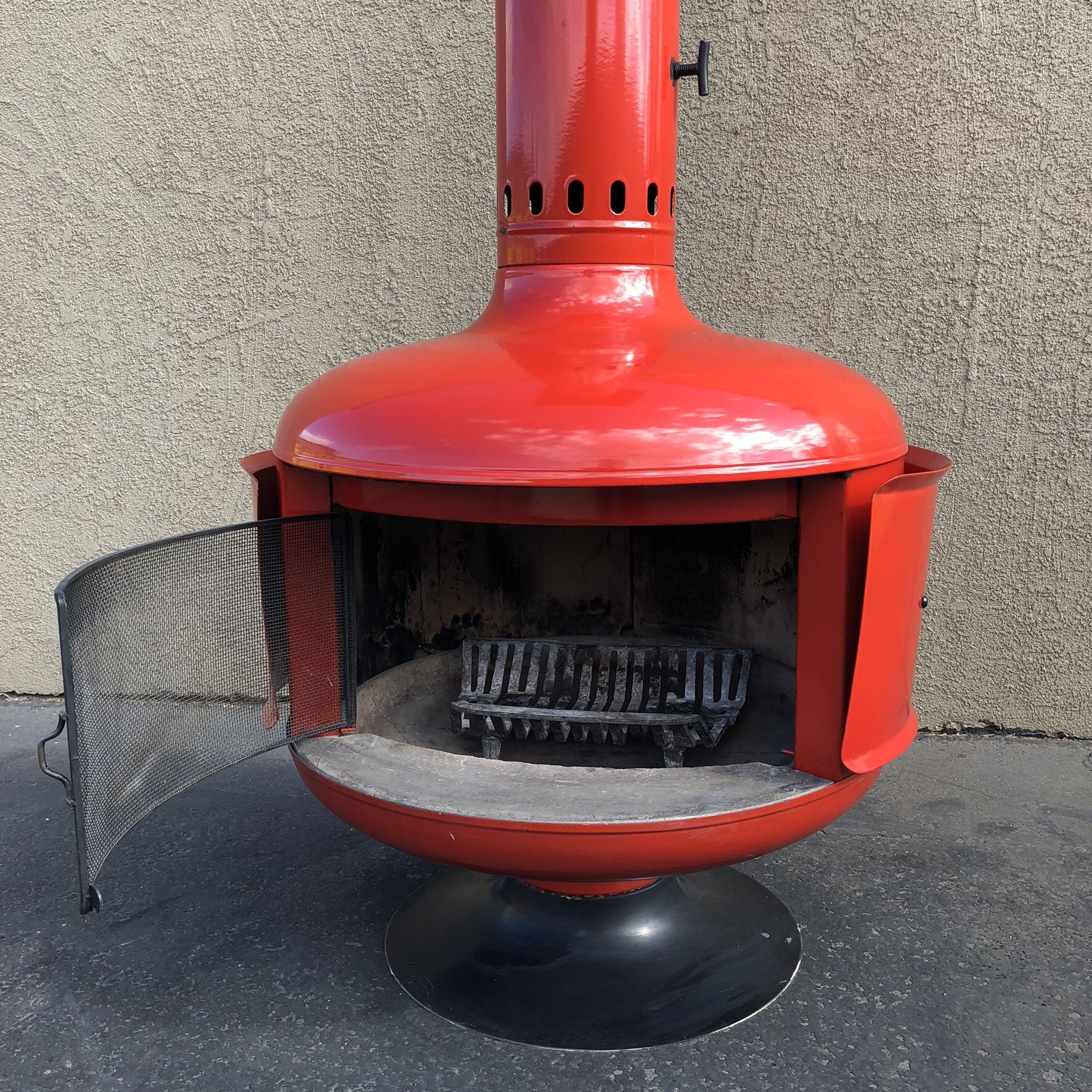 Mid CENTURY MODERN MALM FIRE DRUM Vintage 60s orange free standing Tiki Fireplace MCM