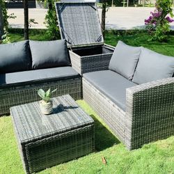 BTExpert 4-Piece Outdoor Sectional Sofa Set, Rattan Patio Storage Table & Cushions, Poolside Wicker Furniture, Summer Grey