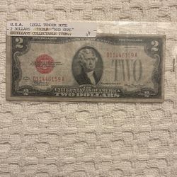 1928D red seal, two dollar bill