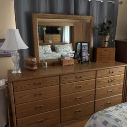 Oak Bedroom Set. Dresser With 12 Drawers and Mirror. Tall Dresser With 12 Dressers 