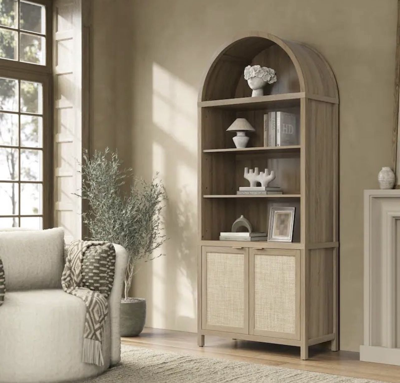 Tall Bookcase 5 Tier Large Bookshelves with Doors Storage Rattan Boho Wide Book Shelves Case