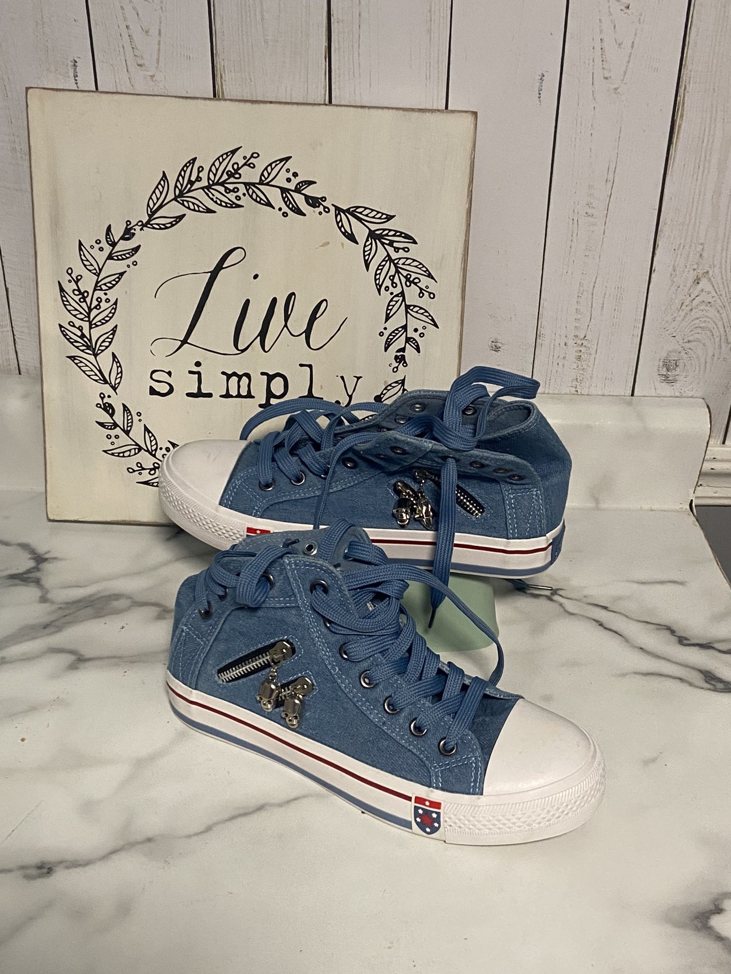 Guoan Women’s Denim Chic High-top Back Lace-p Breathable Flat Canvas Sneakers