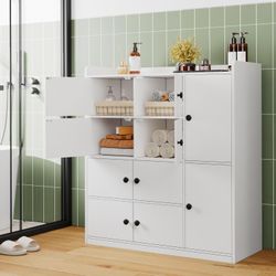 43.6'' Bathroom Floor Cabinet, Freestanding Storage Closet, with 4 Layers 10 Storage Cabinet, White