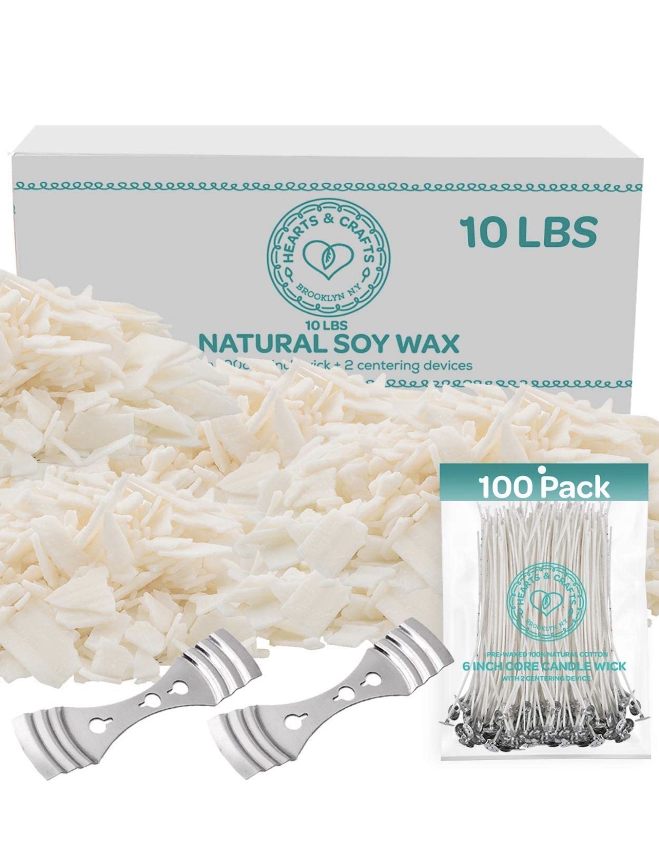 Hearts & Crafts Soy Wax and DIY Candle Making Supplies - 10lb Bag with 100 6-Inch Pre-Waxed Wicks, 2 Centering Devices