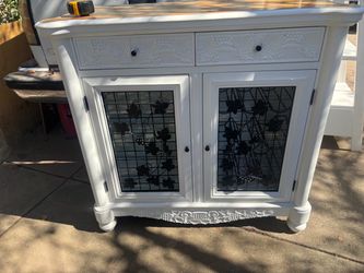 White Wood Cabinet with Glass Panel Doors
