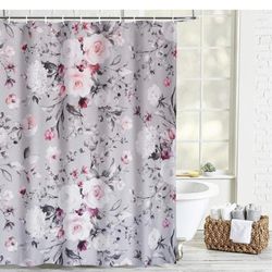 Floral Fabric Shower Curtain Gray and Pink Flowers Shower Curtains with Hooks Waterproof 72x72