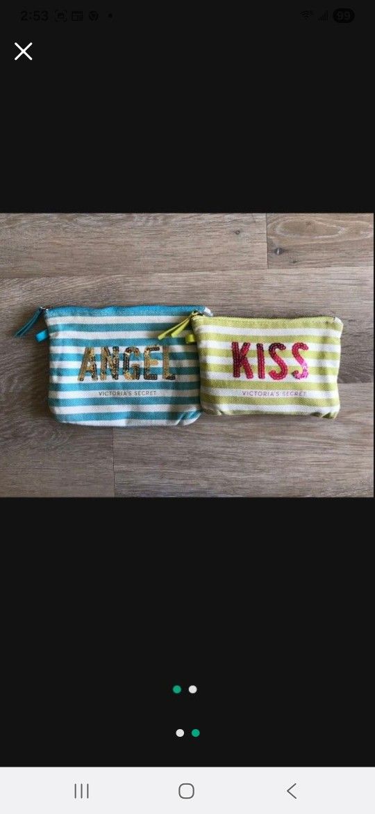 2 Victoria’s Secret Sequin Stripe Make Up Cosmetic Jewelry Accessories Multiple Use Bag 