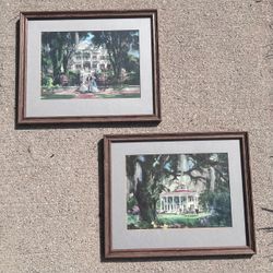 Vintage Francis Chase Framed Southern Mansion Watercolor Art Prints – Pair - Home Decor / accents Picture / Frame / Wall Art 19.5 x 16