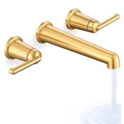 Wall Mount Bathroom Faucet, Widespread 3 Holes Brass Vessel Faucets for Bathroom, Two Handles Brushed Gold Wall Mounted Bathroom Sink Faucets SZ9905BG