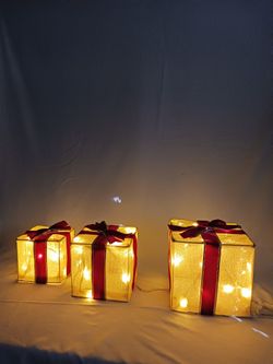  3pc Set Gold With Red And Gold Ribbon Light Up Gift Boxes Decorations