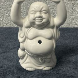 White Ceramic Happy Buddha Statue Figurine Incense Holder Planter 7”