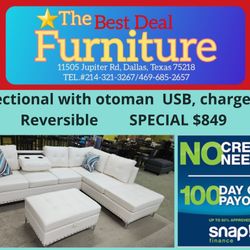 Sectional With Ottoman, Usb. Reversible $50 Down 