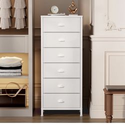 White Tall Dresser for Bedroom,Vertical Storage Tower Unit and End Table with 6 Fabric Drawers, Nightstand Furniture with Drawer Organizer in Living R