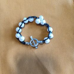8 inch Fresh Water Pearl  with Silver Clasp Weaved with Black Leather Rope Bracelet.