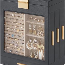 SONGMICS Jewelry Box with Glass Window, 5-Layer Jewelry Organizer with 3 Side Drawers, Jewelry Storage, with Big Mirror, Modern, 6.1 x 10.3 x 12.6 Inc