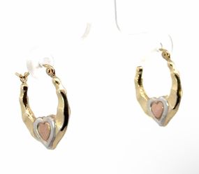 Woman’s Ladies 10k Tri Toned Rose White Yellow Gold 3/4” Inch Huggie Hoop Earrings With Heart Detail GP3110958