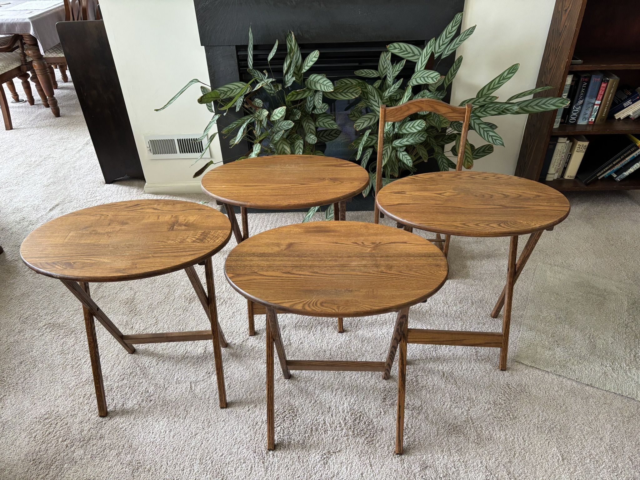 Vintage Set of 4 Oak Wood Oval Folding TV Tables With Carry Storage Stand, excellent condition, tables fold flat, open dimensions table top 23”W x 16”