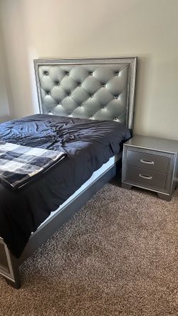 Queen size mattress bed frame and boxspring and side table