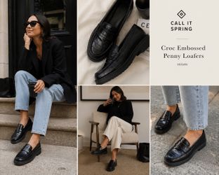 Call It Spring Penny Loafers Black Women 7.5 Croc Embossed Chunky Vegan Lug Sole