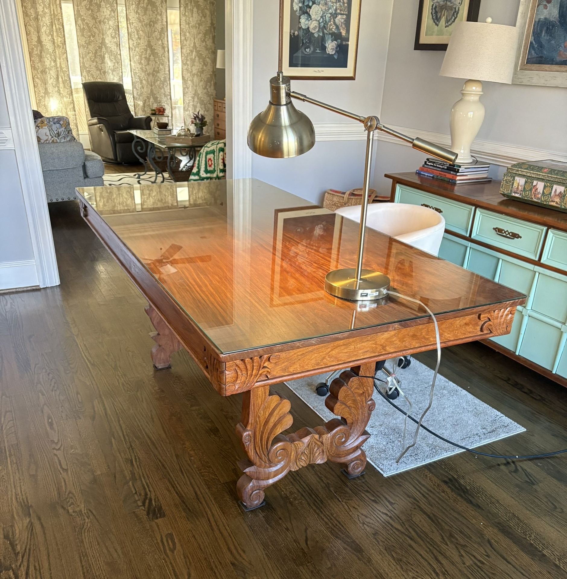 Large Antique Solid Wood Desk w / Glass Top. Carved Legs. Heavyweight. Price OBO. PPU Blythewood