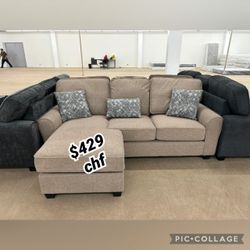 TAUPE Reversible Fabric Comfort Cushioned Flared Round Arm Sectional Sofa