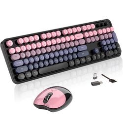 Wireless Keyboard and Mouse MOFII 104 Round Keycaps Retro Typewriter w/ OTG & Brush - Pink