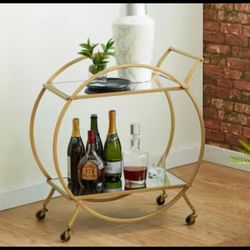 Gold And Mirror Round Bar Cart Or Side Table 