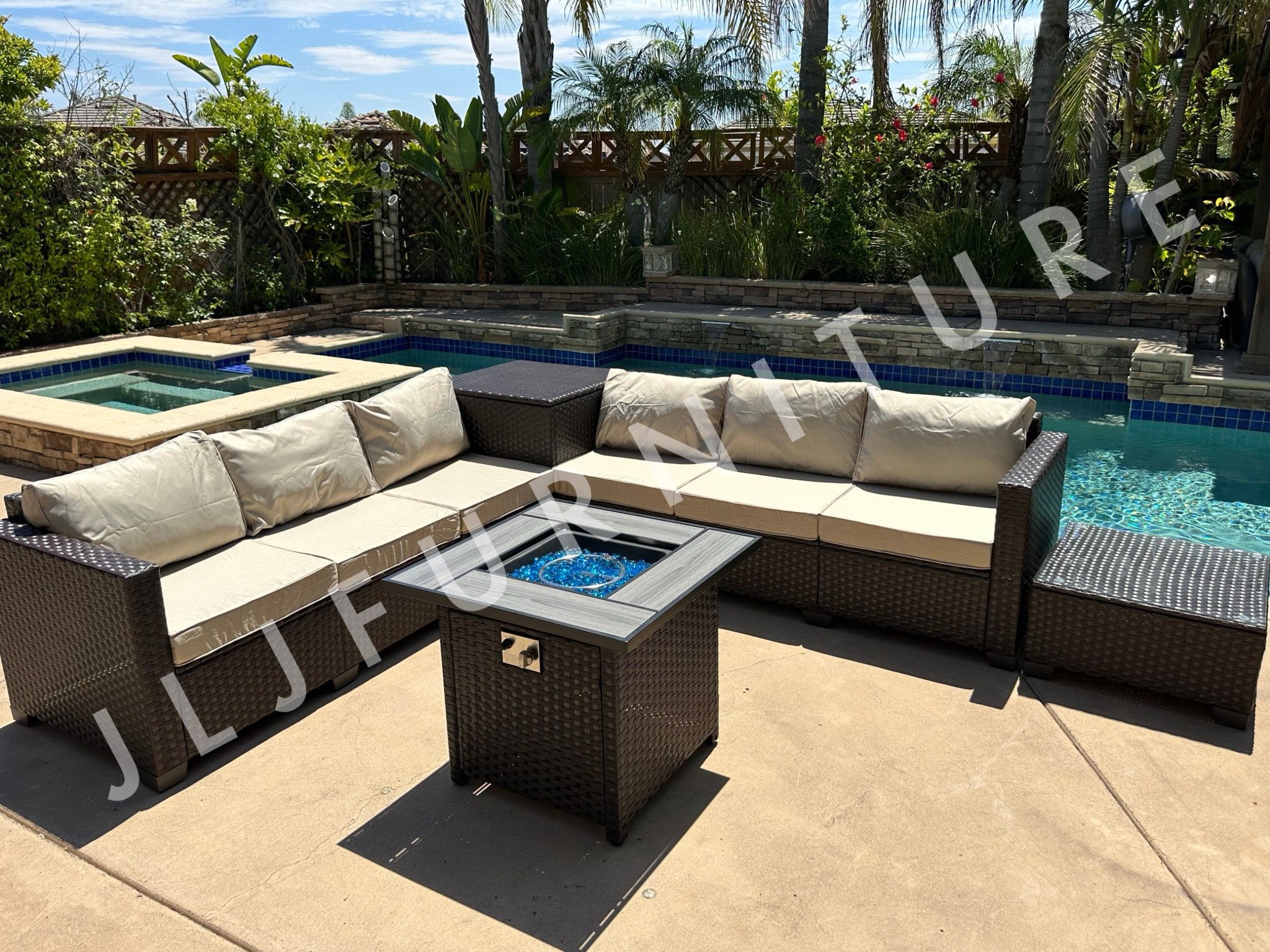 NEW🔥Outdoor Patio Furniture Set Brown Wicker Beige Cushions with 30" Firepit ASSEMBLED
