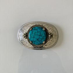 Belt Buckle: Dyed Turquoise-Style Stone, Western Scroll Pattern