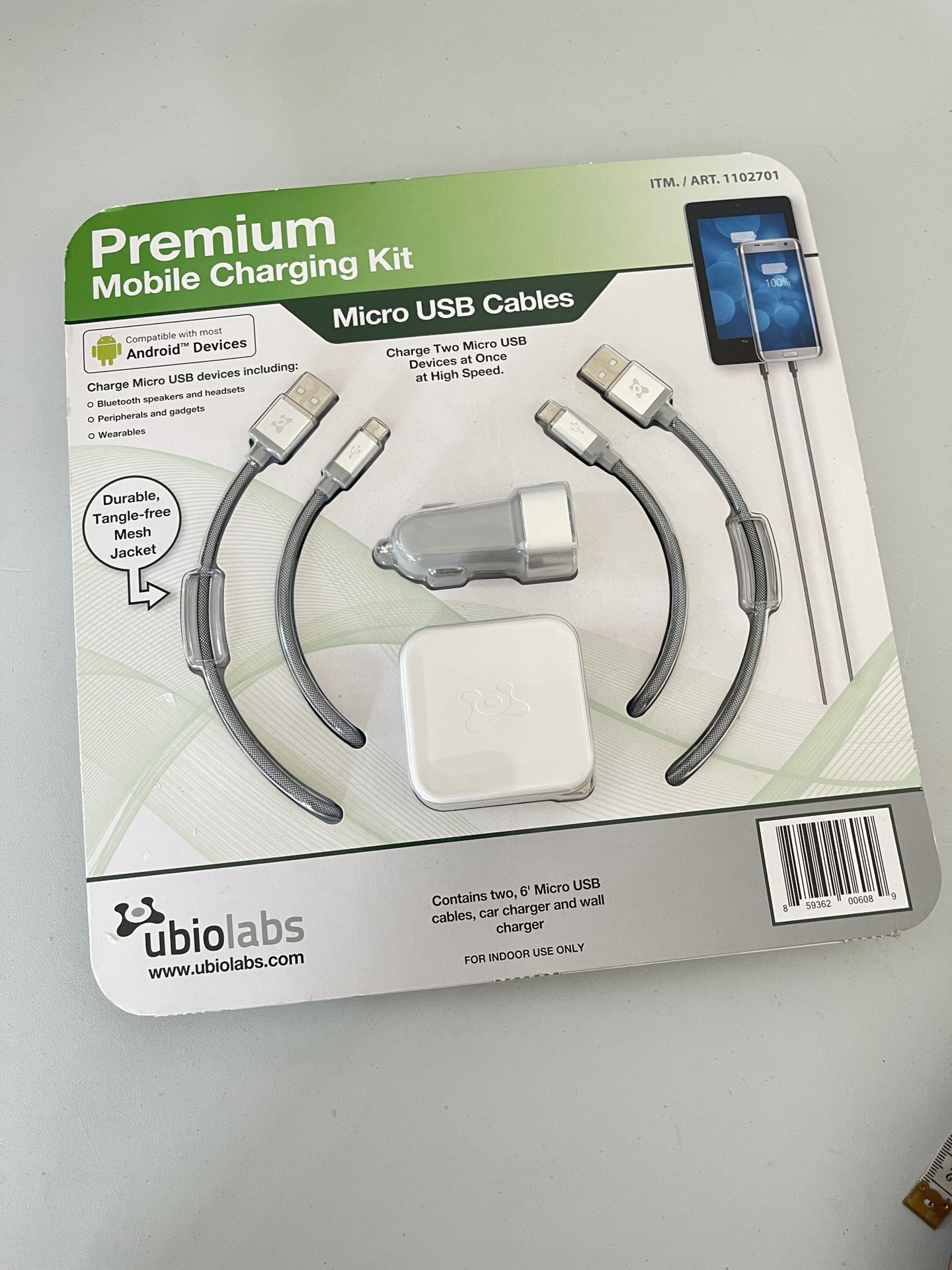 New UbioLabs Premium Mobile Charging Kit Android 6' Cables Car & Wall Chargers