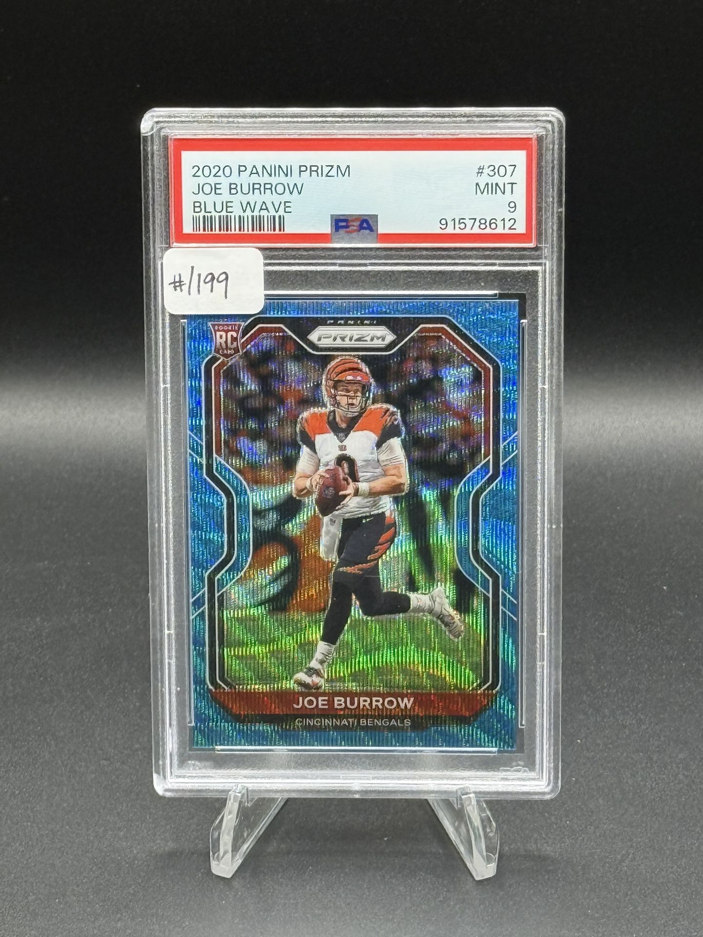 2020 Panini Prizm Blue Wave Prizm #307 Joe Burrow RC #/199 PSA MINT 9