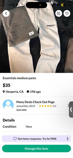 Essential pants size medium only one left