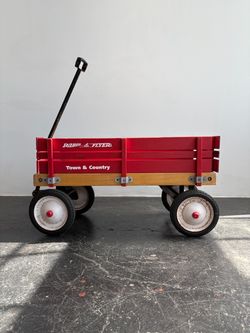 Vintage Radio Flyer Town & Country Wooden Wagon – Red Metal & Wood Pull Wagon
