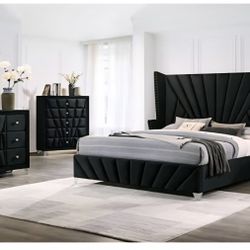 Bedroom Set 4 Pc Black Velvet, New Especial Price