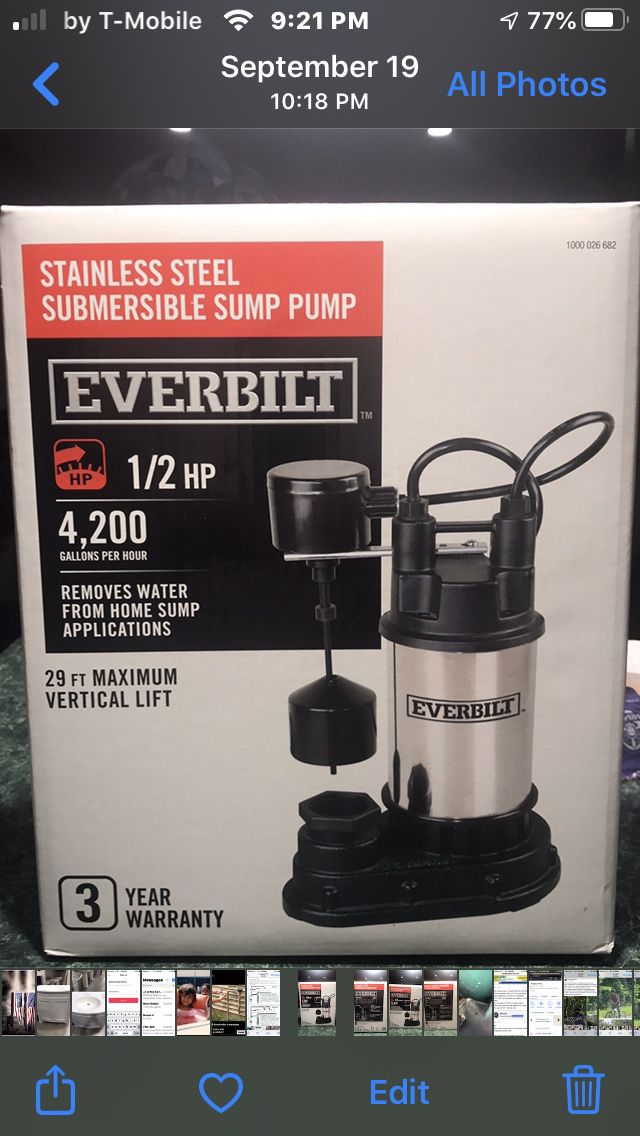 New !Everbuilt 1/2 HP Stainless Steel Sump Pump.