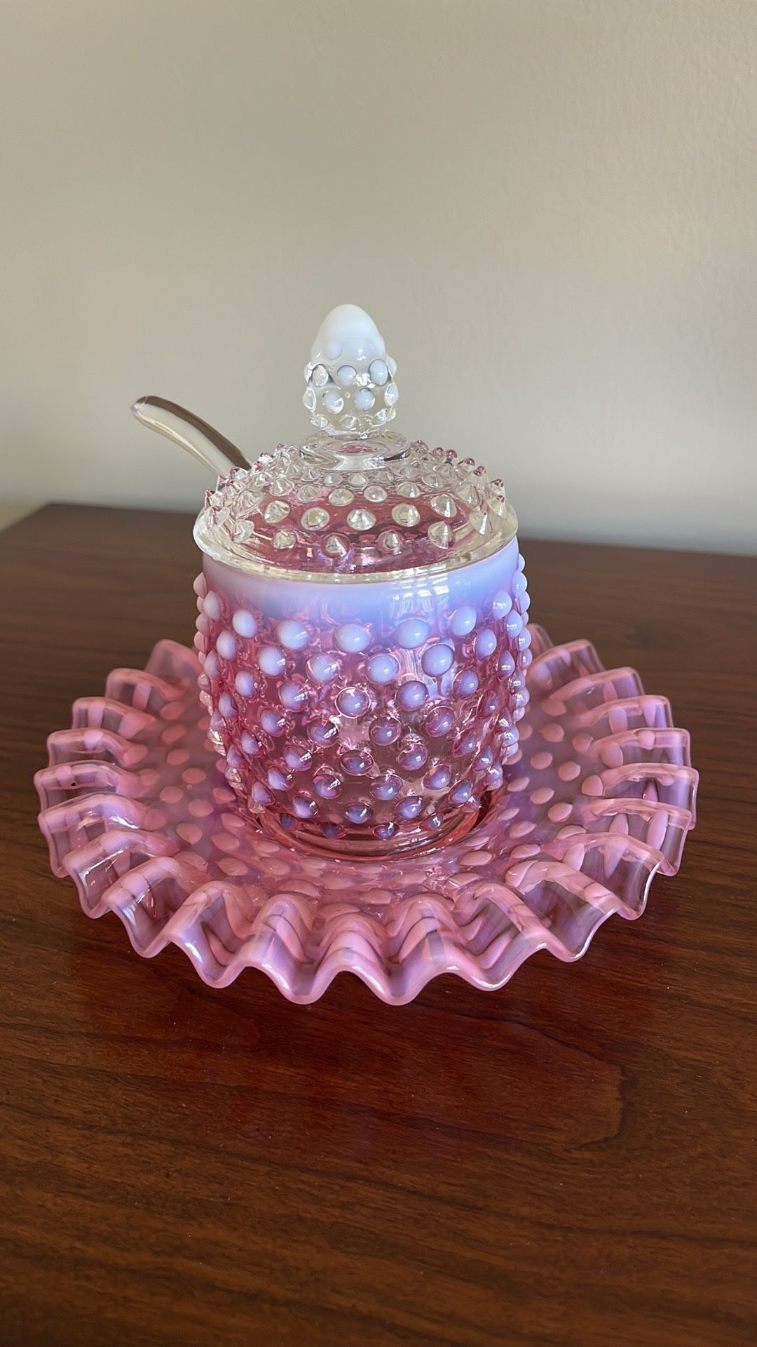 Fenton Cranberry Opalescent Hobnail Jam Set