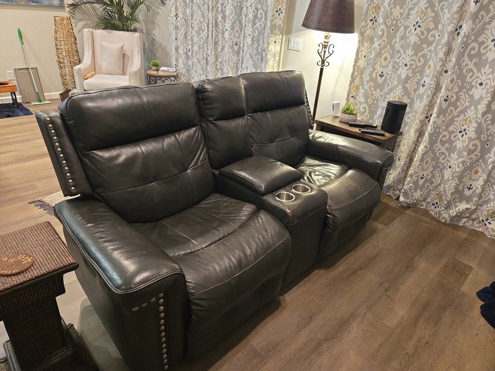 Grey Leather Love Seat
