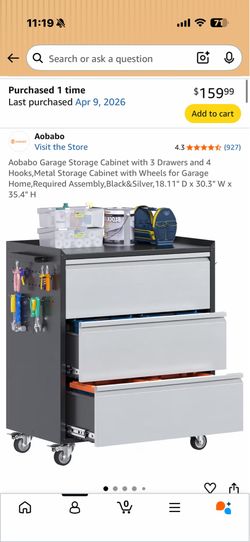 Aobabo Garage Storage Cabinet with 3 Drawers and 4 Hooks,Metal Storage Cabinet with Wheels for Garage