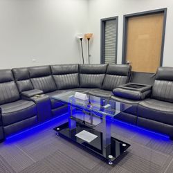 Grey Leather Power Recliner With LED and Bluetooth Speaker 