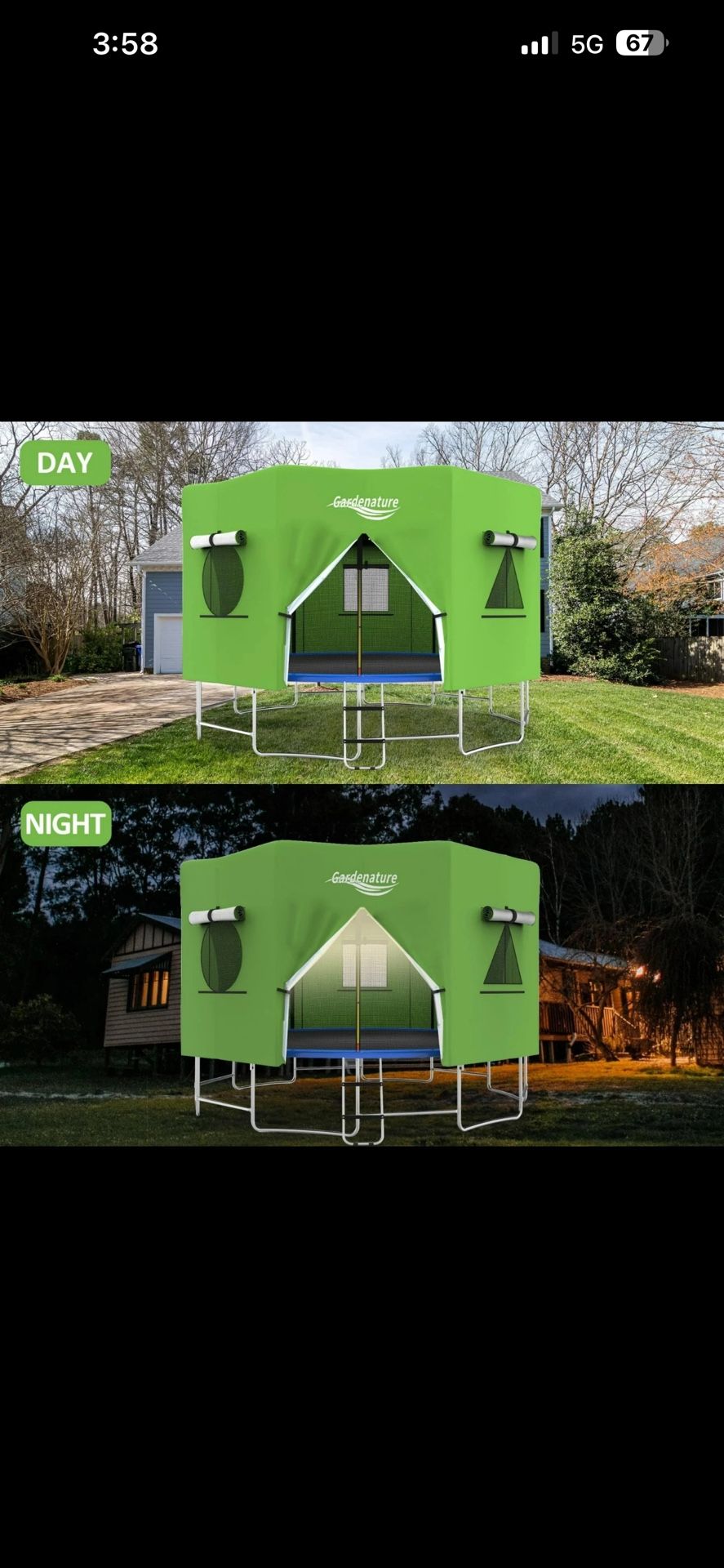 Gardenature 10ft 8 Poles Trampoline Tent Fort for Kids LED Lights Windows Easy U
