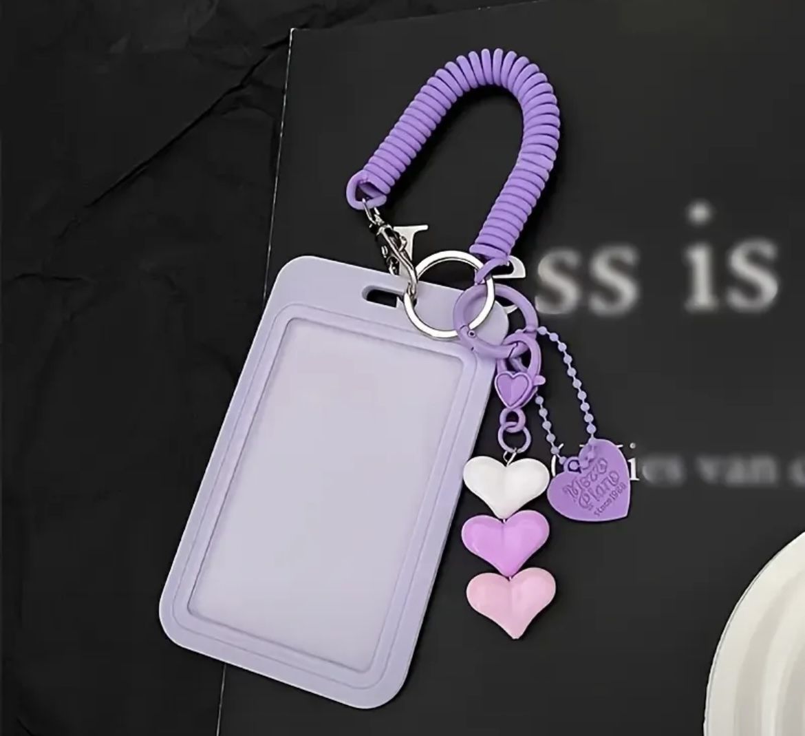 Cute Lavender ID Card Holder with Heart Keychain β Aesthetic Badge / Key Ring Accessory