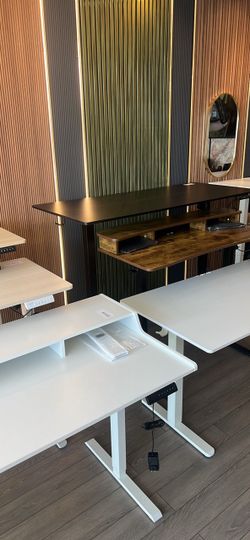 White Electric Standing Desk with Keyboard Tray