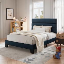 Twin Size Platform Bed Frame with Fabric Upholstered Headboard Wooden Slats Support, Fully Upholstered Mattress Foundation, No Box Spring Needed, Easy