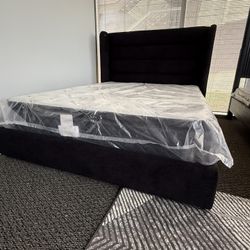 New Black Queen Bed Frame W Mattress - Bluetooth And Power Outlets 