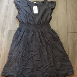 NWT Roxy Summer Dress Cap Sleeves Smocked Waist Pockets Gray Size XL