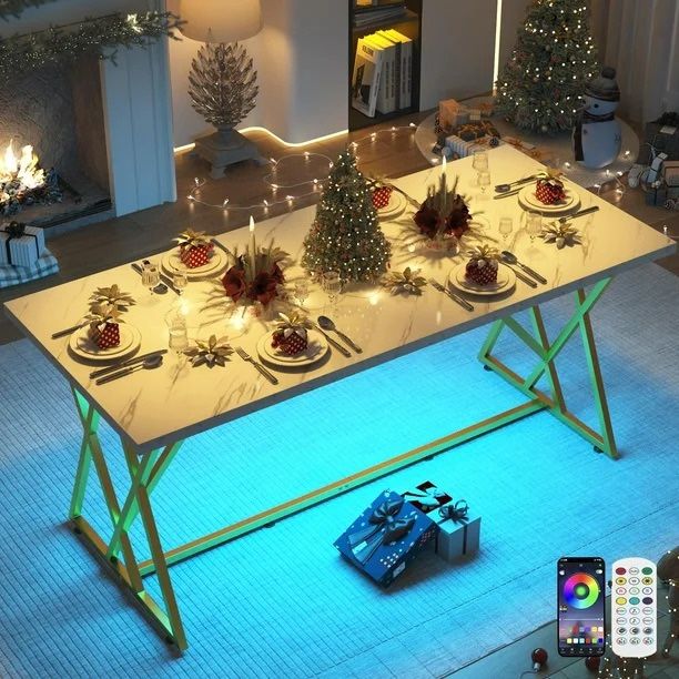 ChVans 71" Rectangular Dining Table for 6-8 People, White Marble Kitchen Table Dining Room Tables, Modern Dinner Table with Gold Heavy Duty Metal Legs