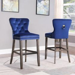 Brand New Navy Blue Velvet  Bar Stool Set Of ( 2 ) Chairs 