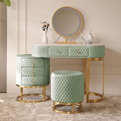 Fukayi Faux Leather Vanity Desk with Mirror and 3 Color LED Light, Dressing Table with 5 Drawer 