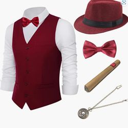 1920s Mens Gatsby Gangster Vest Costume Accessories Set Fedora Hat（S Size）